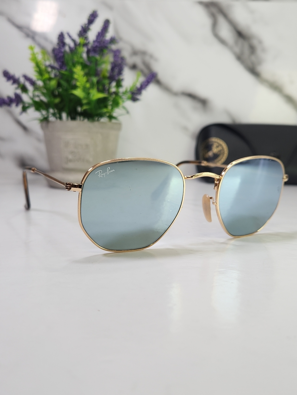 Ray-Ban Hexagonal Sunglasses Gold Frame with Blue Lenses RB3548 51□21